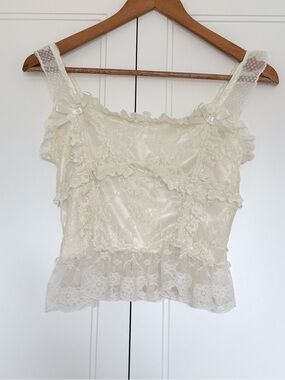 Cream Lace Satin Ruffle Peplum Cami Top Coquette Fairy Grunge